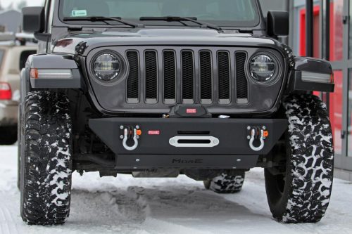 MorE4x4 Bară față scurtă din oțel cu placă pentru cablu de cârlig Jeep Wrangler JL (2018+), toate motoarele